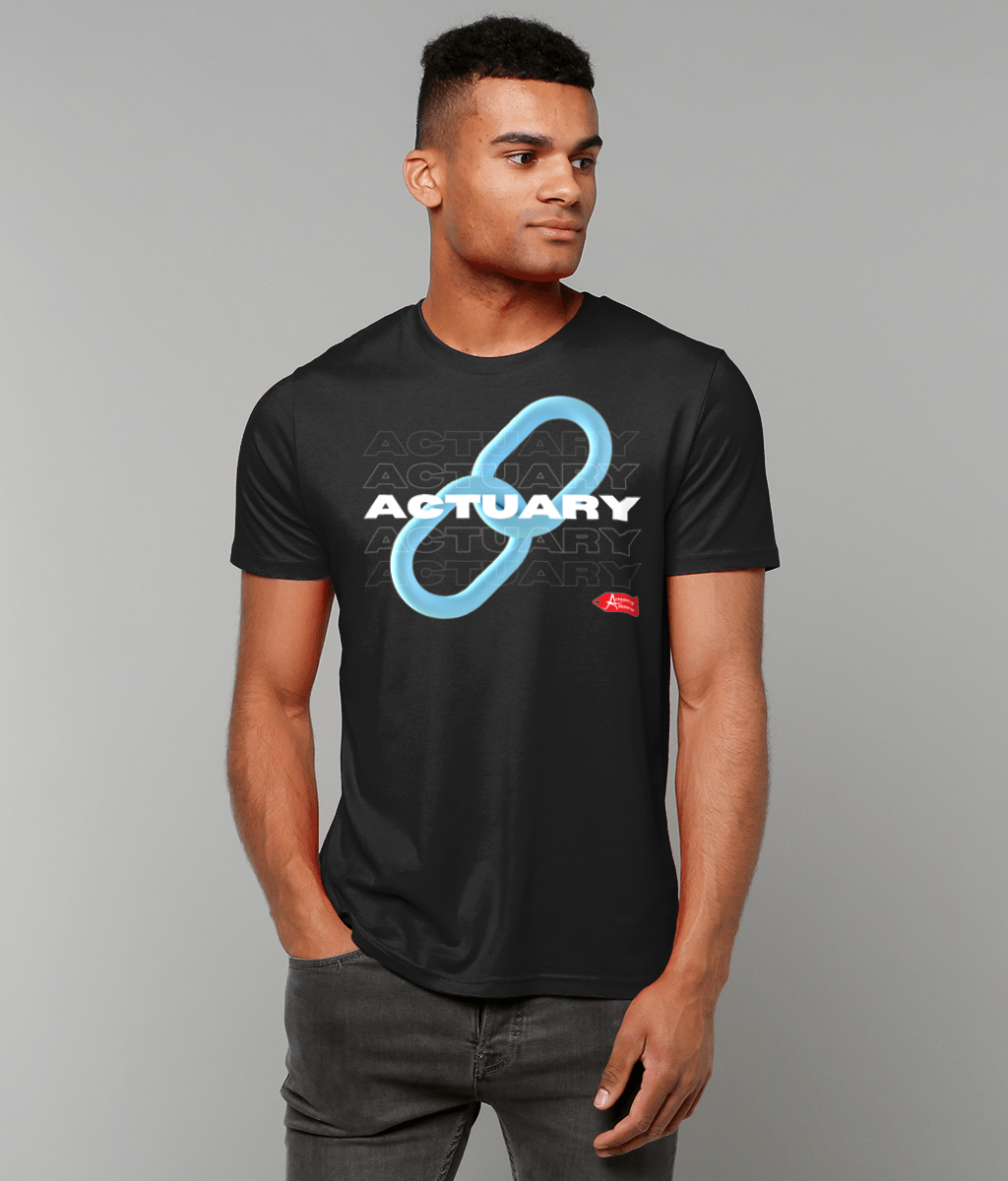 Actuary Link Black Blue & White Minimalist Typography Black T-Shirt
