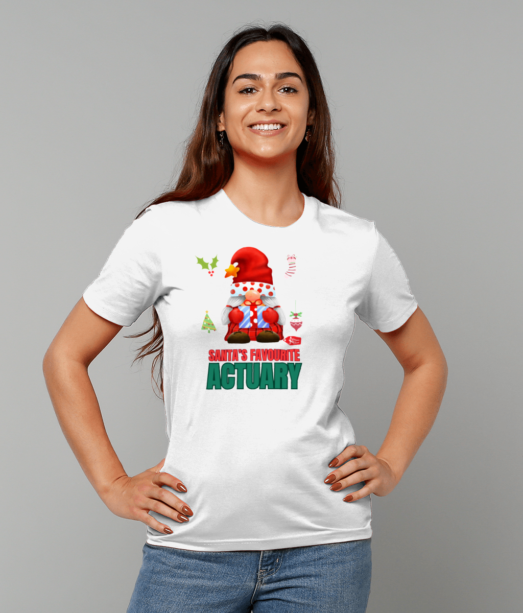 Santa's Favourite Actuary Christmas Santa Gnome T-Shirt (Red, Green, White Variations)
