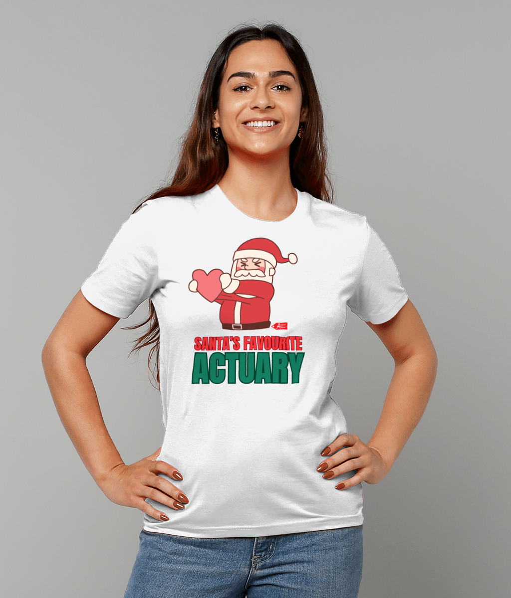 Santa's Favourite Actuary Christmas Santa With Heart T-Shirt (Red, Green, White Variations)
