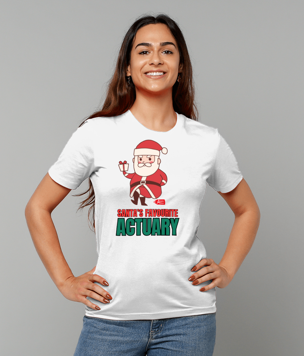 Santa's Favourite Actuary Christmas Santa With Present Any Colour T-Shirt (Red, Green, White Variations)