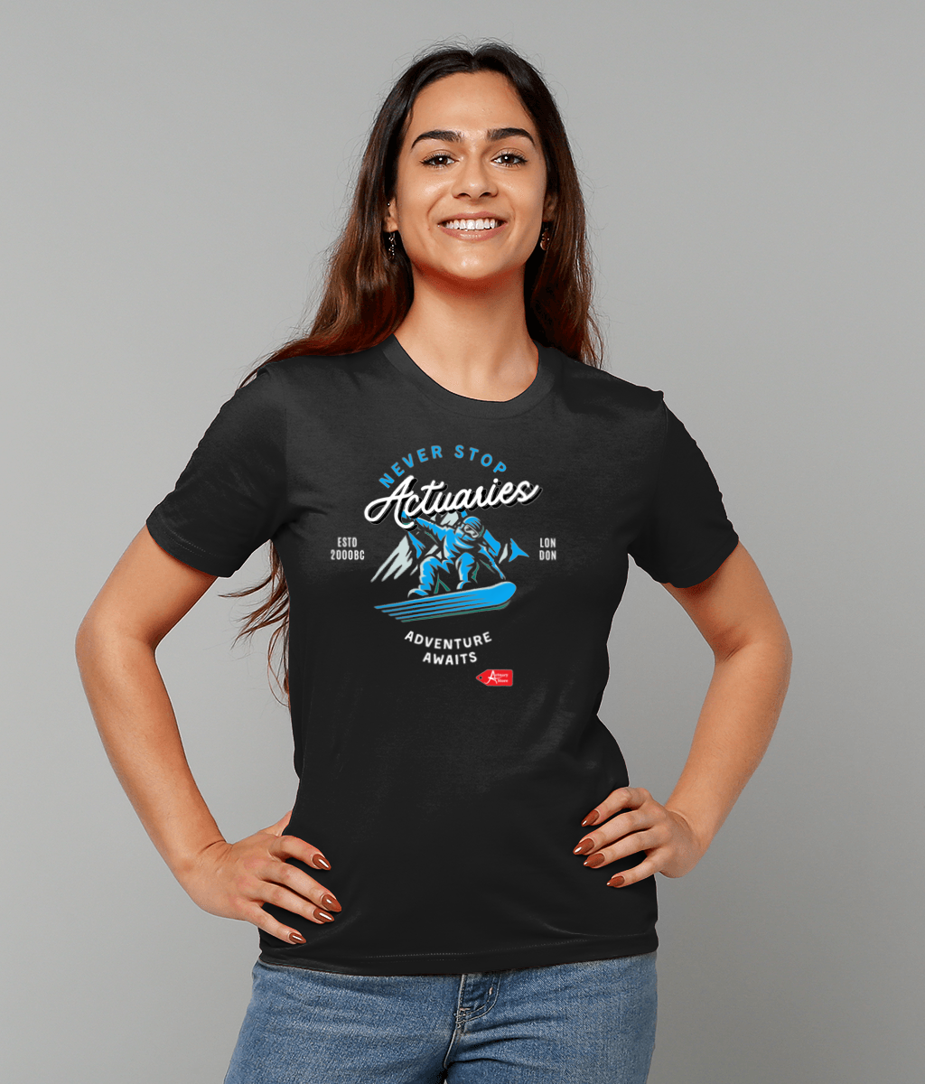 Black Blue Vector Never Stop Actuaries, Adventure Awaits T-Shirt