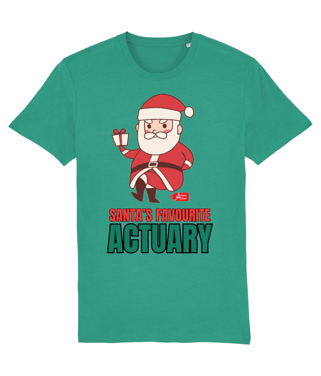 Santa's Favourite Actuary Christmas Santa With Present Any Colour T-Shirt (Red, Green, White Variations)