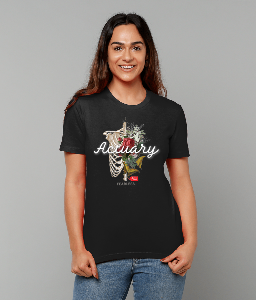 Actuary Fearless Colorful Gothic Skeleton Rib and Flowers Illustration Typographic Black T-Shirt