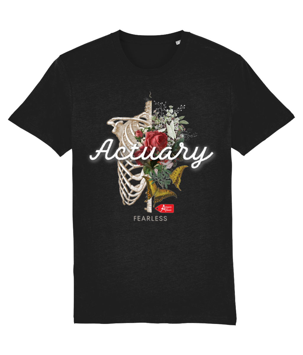 Actuary Fearless Colorful Gothic Skeleton Rib and Flowers Illustration Typographic Black T-Shirt