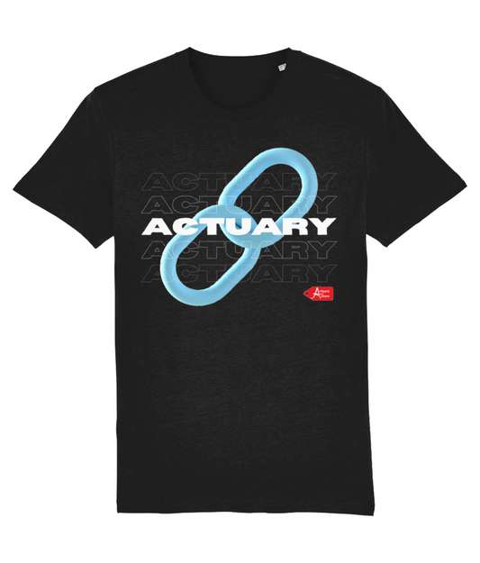 Actuary Link Black Blue & White Minimalist Typography Black T-Shirt